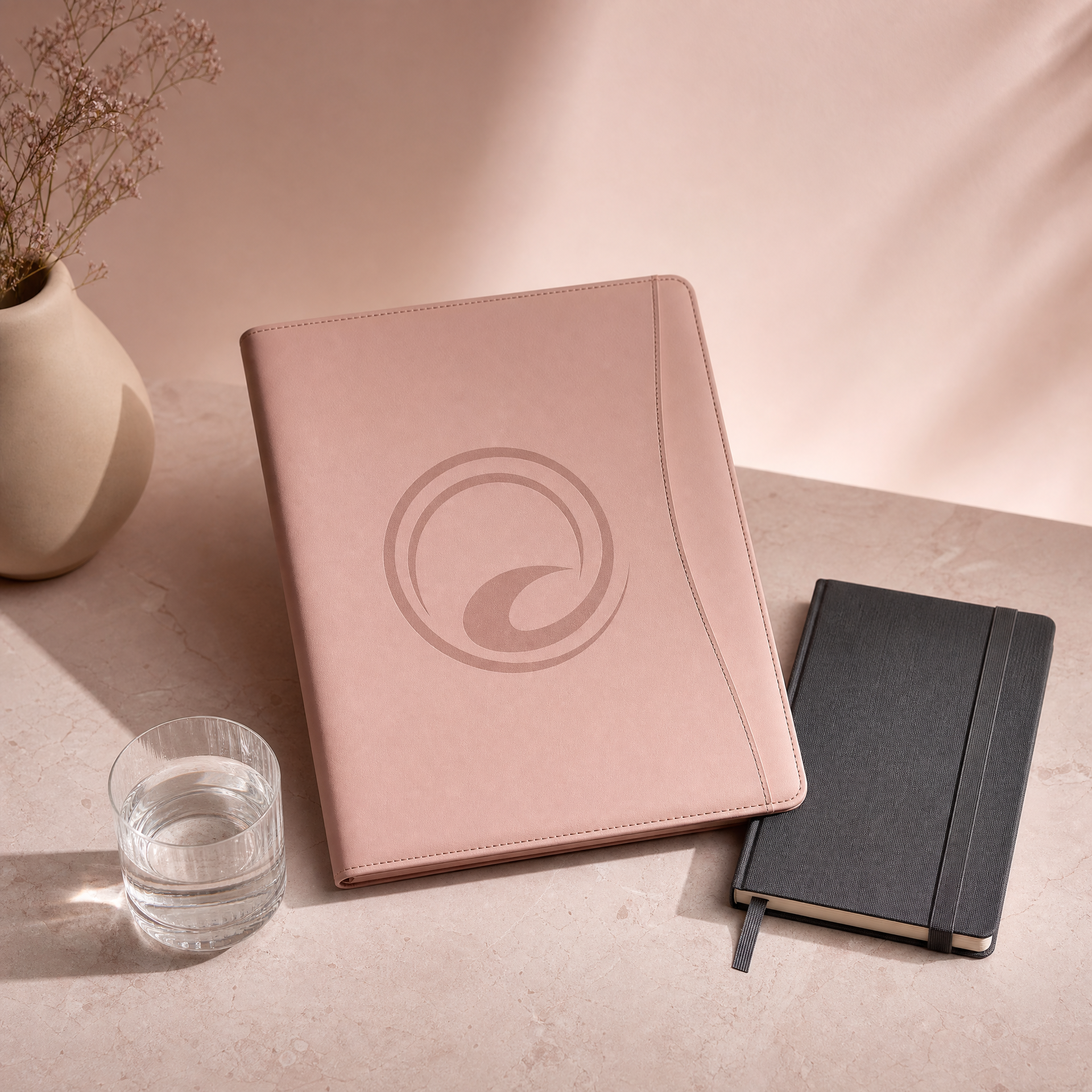Care-plan materials in a blush studio setting